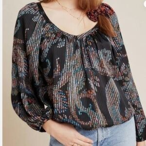 Maeve (Anthropologie)  Madeira Burnout Black Floral Paisley Satin Blouse